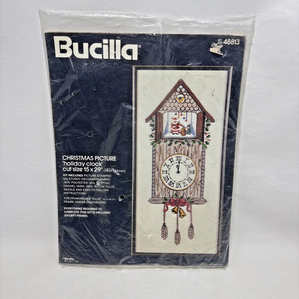 Vintage Bucilla 48813 Christmas Picture Holiday Clock Needlework Crewel 90s Open